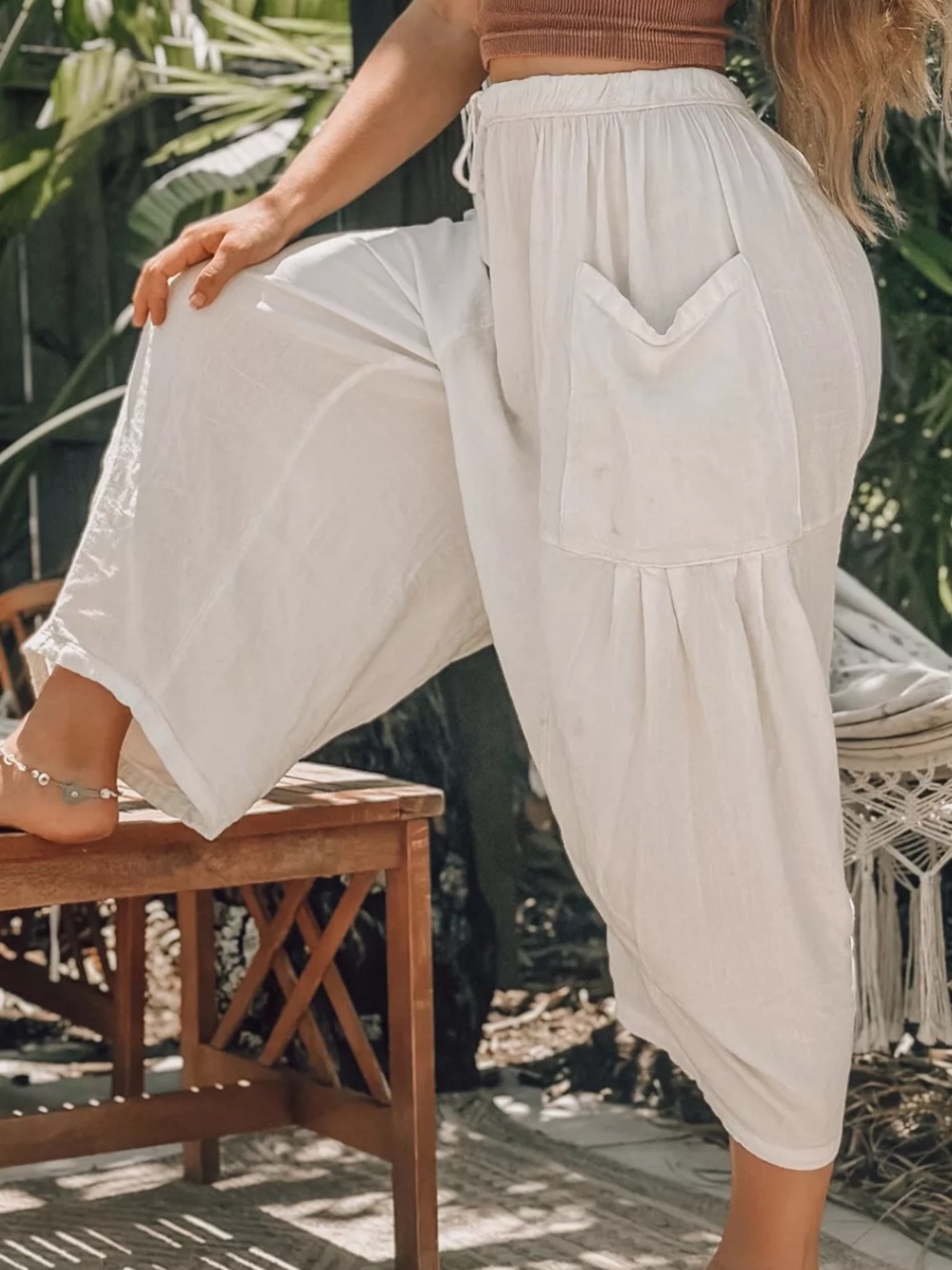 Free People Loose Fit Quinn Pants Ivory Flowy Oversized Beachy Tie Waist